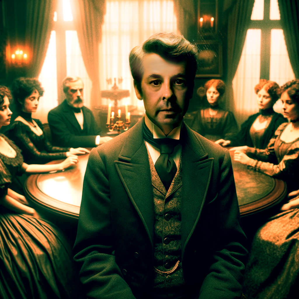 Dr. Allistar Wentworth prepares for a seance in London. Guests are seated behind him in a Victorian parlour.